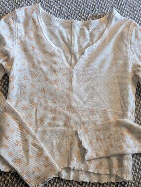 American Eagle Outfitters Cream Waffle Knit Crop Top Floral Light Orange Thermal